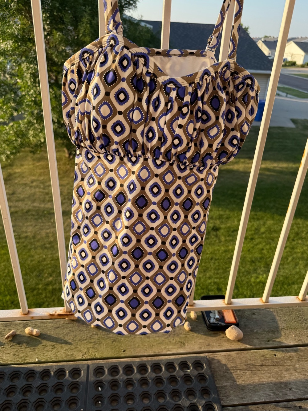 Geometric Print Plus Size swim top— Blue, white, and black